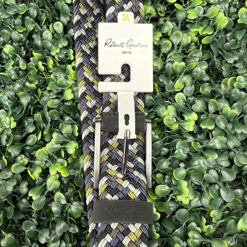 Robert Graham Jacob Belt Men 34 Blue Green Braided Stretch Embossed Leather